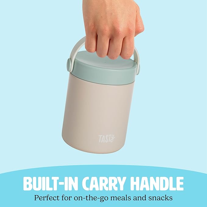 Tasty Food Jar with Folding Handle, Portable Snack Travel or Lunch Container, Stainless Steel Insulated Vacuum with Leak-Proof Lid, Keeps Food Hot or Cold for Hours, 15-Ounce, Cream