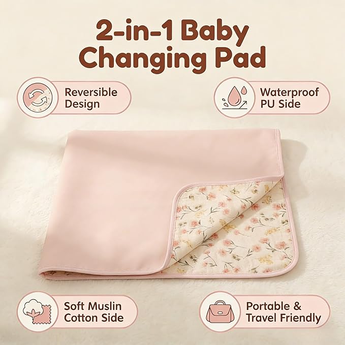Baby Diaper Changing Pad, 19.7"x25.6" Waterproof Changing Pad Liners with 100% Muslin Cotton Front Top and Leather Back, Soft and Absorbent Portable Changing Mat for Travel, Changing Station