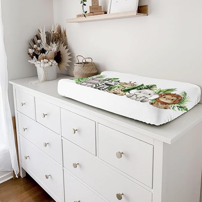 Cute Tropical Jungle Safari Animals Leaves Changing Pad Covers Lion Elephant Giraffe Zebra Hippo Baby Change Table Pad Cover for Boys Girls Soft Stretchy Changing Mat Sheets 32''x16''