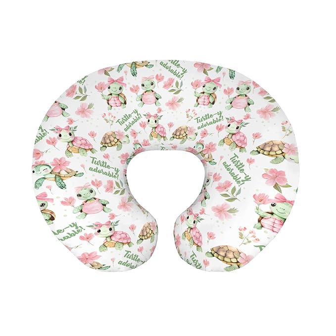 Baby Girls Nursing Pillow Cover Sea Turtle Pink Green Floral, Turtley Adorable Flower Breastfeeding Pillowcase, Bottle Feeding Pillow Slipcover Shower Gift Cover Only