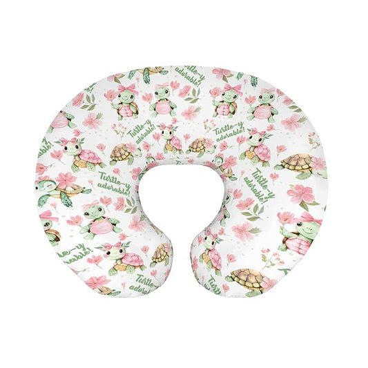 Baby Girls Nursing Pillow Cover Sea Turtle Pink Green Floral, Turtley Adorable Flower Breastfeeding Pillowcase, Bottle Feeding Pillow Slipcover Shower Gift Cover Only