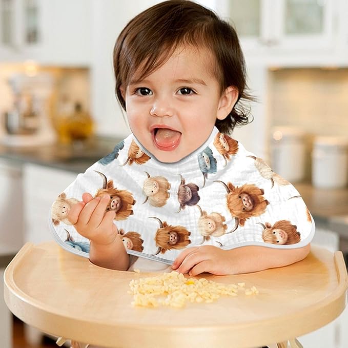 2Pcs Cute Highland Cow Pattern Burp Cloth,Unisex Large Absorbent Soft Cotton Muslin Burping Cloths for Newborn Boys Girls,11x22in,A110858
