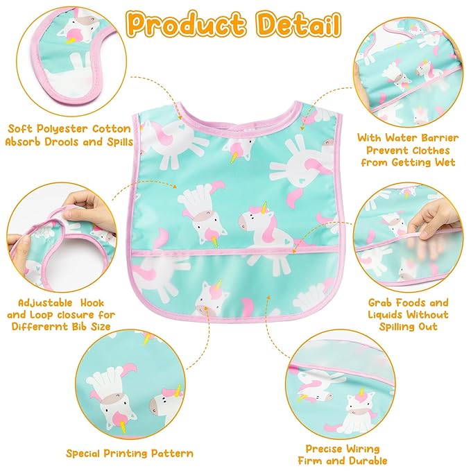 6Pcs Baby Feeding Bibs with Crumb Catcher Pocket Adjustable Waterproof Sleeveless Teething Bib Set Toddler Infant Keepsake Gift for Baby Shower, 6-24 Months
