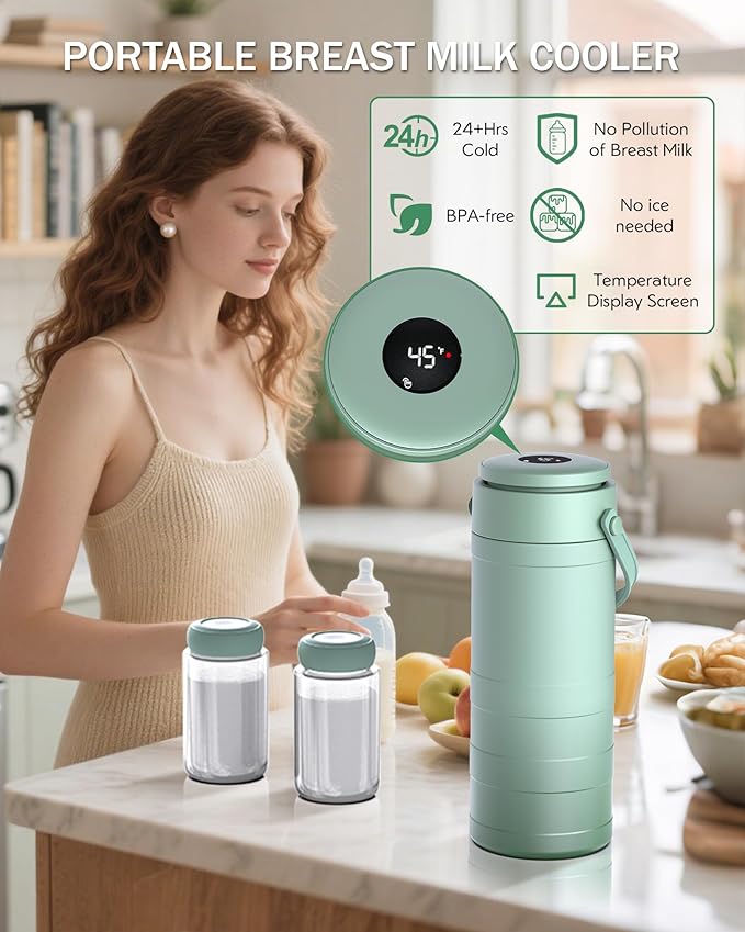 Portable Breast Milk Cooler, 24H 360° Cooling, Digital Temp Display, 22oz Capacity with 2 BPA-Free Bottles, CPC Certified for Outdoor Travel & Commute