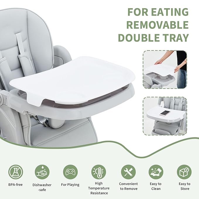 GarveeLife Foldable High Chair for Babies & Toddlers, PU Leather Highchair with Adjustable Backrest, Footrest, Seat Height, Removable Tray, 5-Point Safety Harness, Light Grey