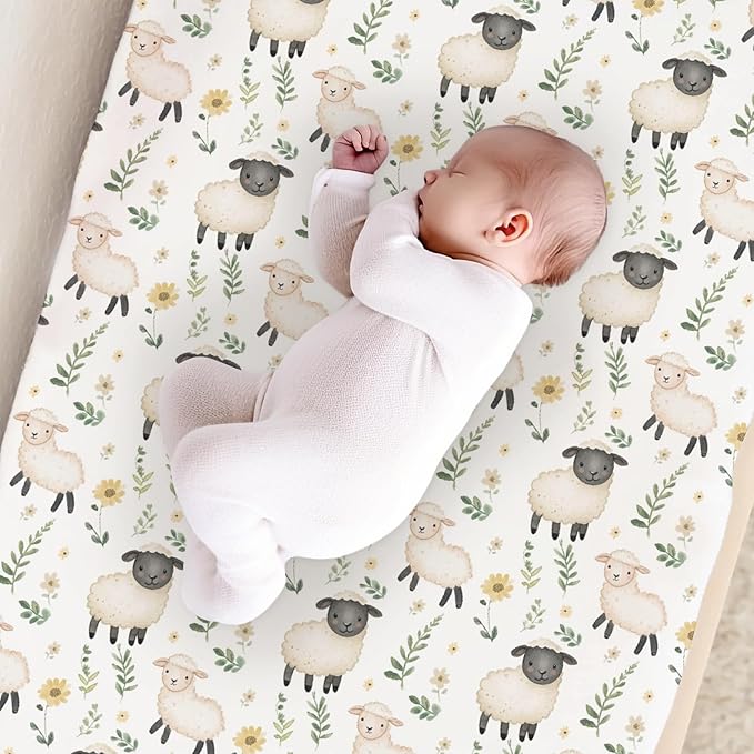 Cute Farm Animals Sheep Flowers Floral Leaves Baby Changing Pad Cover, Unisex Farm Nursery Diaper Changing Table Pad Mat Sheet for Boys Girls-16x32