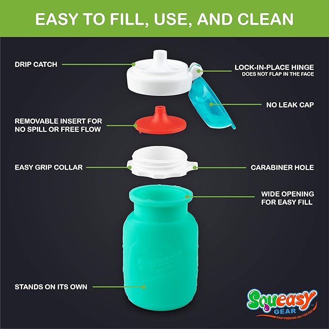 Aqua 3.5 oz Squeasy Snacker Spill Proof Silicone Reusable Food Pouch - for Both Soft Foods and Liquids - Water, Apple Sauce, Yogurt, Smoothies, Baby Food - Dishwasher Safe