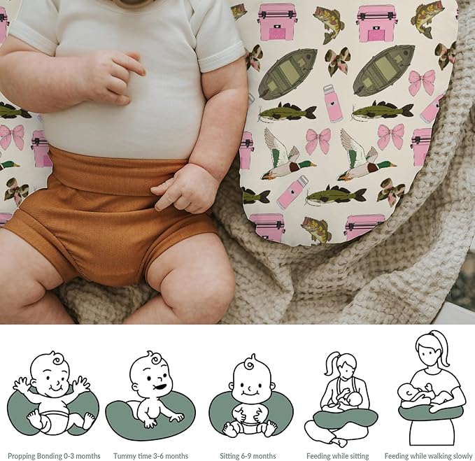 Pink Fishing Hunting Girly Baby Nursing Pillow Covers for Girl Boats Bass Fish Duck Bows Nursing Slipcovers for Breastfeeding Pillows Summer Lake Country Fishing Soft Stretchy Slipcovers for Newborn