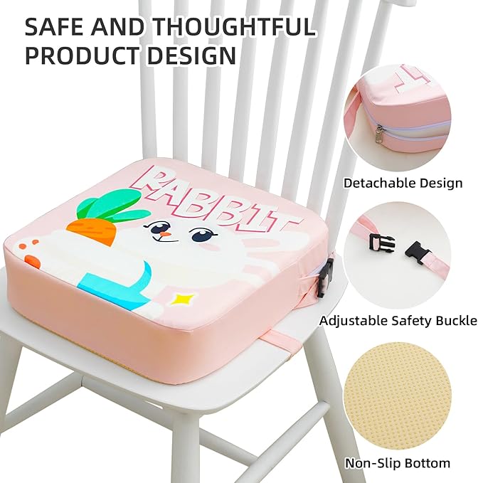 Eiury Toddler Booster Seat for Dining Table, Portable Kids Booster Seat with Safety Buckles Portable Increasing Booster Cushion with Non-Slip Bottom (Pink Rabbit)