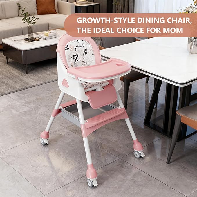 Foldable 4-in-1 Baby High Chair for Babies & Toddlers, High Chair with Detachable PU Cushion, Removable Tray, Adjustable Height, Locking Wheels,Pink