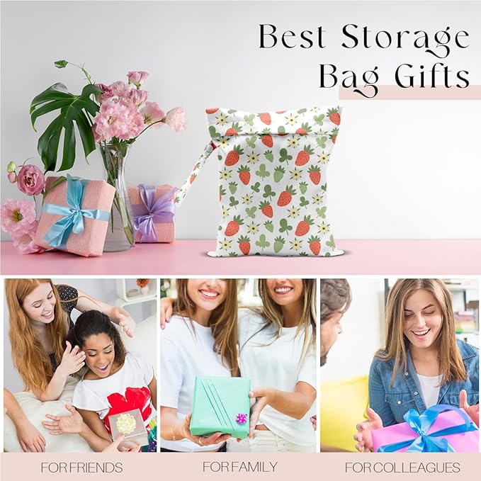 Wet Bag, Wet Dry Bag, Waterproof Swim Bags, Machine Washable Reusable Bags for Beach, Pool, Diapers, and Dirty Yoga Gym Clothes(Green Ditsy Strawberry Print