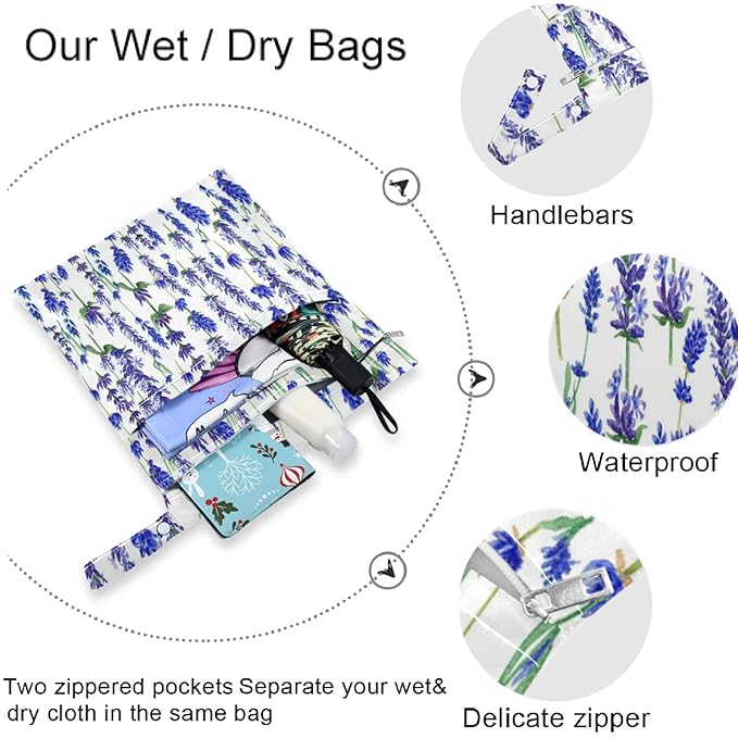visesunny Purple Lavender Flower 2Pcs Wet Bag with Zippered Pockets Washable Reusable Roomy for Travel,Beach,Pool,Daycare,Stroller,Diapers,Dirty Gym Clothes, Wet Swimsuits, Toiletries