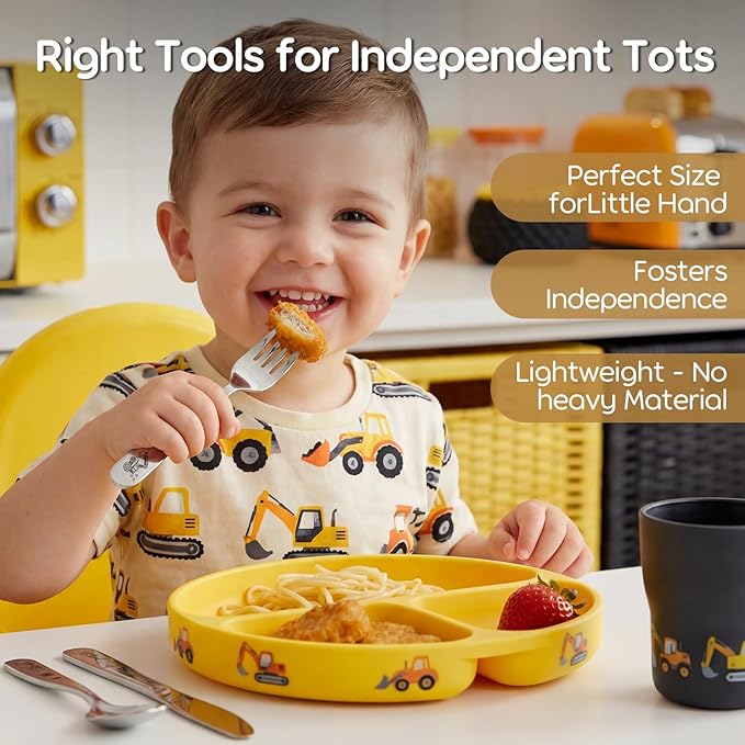 Lehoo Castle Kids Silverware 6-Piece | Toddler Utensils for 3 Year Old, Toddler Forks and Spoons Knife Set, Children Safe Flatware for Self Feeding (Construction Vehicles)