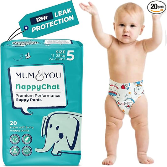 Mum & You Nappychat Premium Performance Eco Diaper Pants, Size 5 (20 diapers) Smart Tube Technology Leak Protection. 100% Recyclable. Hypoallergenic, Dermatologically-Tested. No Lotion, Perfume or Dye