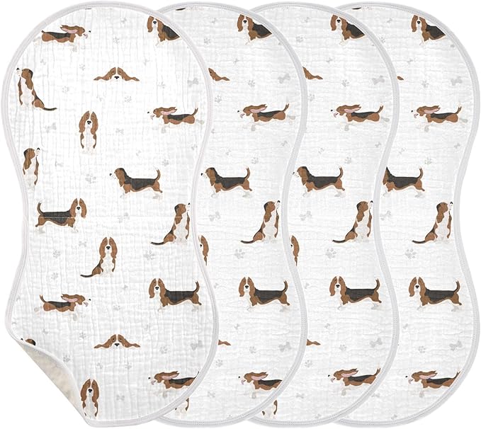 Basset Hound Dog Pattern Muslin Burp Cloths for Baby 4 Pack Soft 100% Cotton Baby Washcloths Bibs for Boy Girl