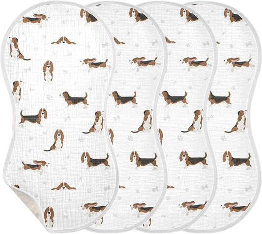 Basset Hound Dog Pattern Muslin Burp Cloths for Baby 4 Pack Soft 100% Cotton Baby Washcloths Bibs for Boy Girl