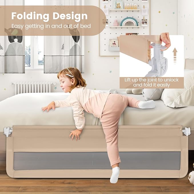 HONEY JOY Bed Rail for Toddlers, 71-in Extra Long, Portable Safety Bed Guardrail w/Double Safety Child Lock, Foldable Baby Bed Rail Guard, Fit King & Queen Full Twin Size Bed Mattress(Beige, Pack 1)