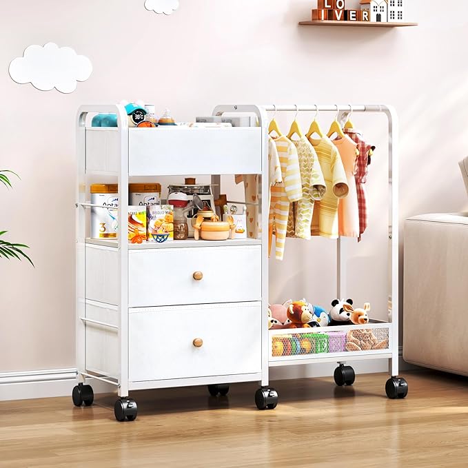 Baby Diaper Caddy Organizer with Hanging Rack, Rolling Diaper Utility Cart with Dividers and Drawers for Baby Essentials Storage, Bedside Cart with Wheels for Changing Station, Crib, Nursery, Bedroom