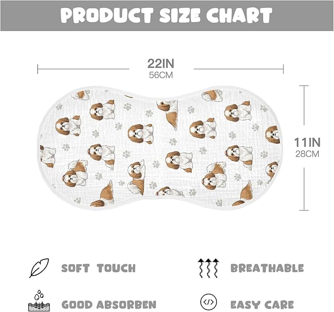 1 Pack Muslin Burp Cloths Shih Tzu Dogs White Cotton Baby Burp Cloths Ultra Absorbent Burping Cloth Soft Spit Up Rags for Baby Boys Girls 22x11 Inch