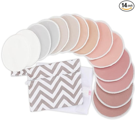 14-Pack Reusable Nursing Pads for Breastfeeding - Soft & Absorbent 4-Layers Washable Breast Pads for Leaking Milk, Viscose from Bamboo Breastfeeding Essentials, Nipple Covers (Lovelle, L 4.8")