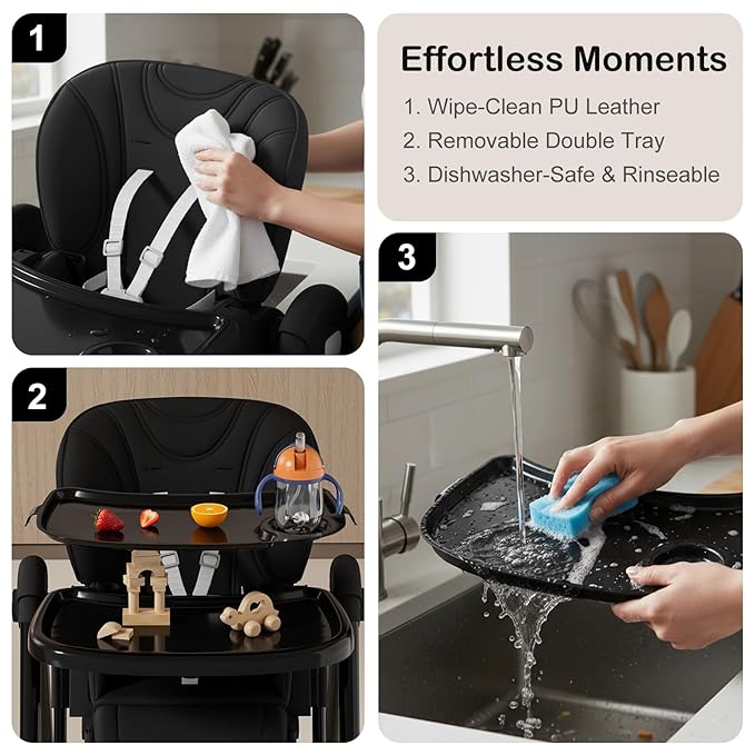 3-in-1 High Chairs for Babies and Toddlers, Foldable Baby High Chair with Rocking Mode, 5 Height Levels, Adjustable Backrest & Footrest, Lockable Wheels (Black)