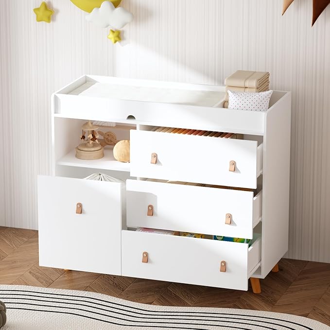 Baby Dresser with Changing Table Top, 4 Drawers Nursery Dresser with Removable Guard, Infant Diaper Changing Station Baby Cloth Organizer for Nursery and Kids Bedroom, White - 44.9" W