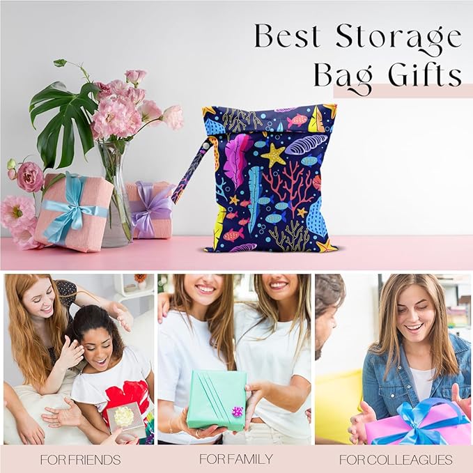 Wet Bag, Wet Dry Bag, Waterproof Swim Bags, Machine Washable Reusable Bags for Beach, Pool, Diapers, and Dirty Yoga Gym Clothes(Colorful Coral Reef Fish Starfish Print