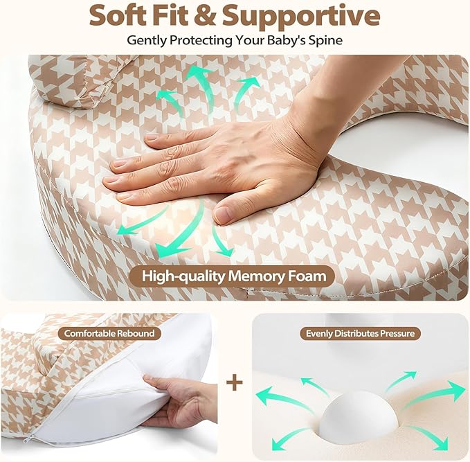 Nursing Pillow -Memory Foam Bottle & Breastfeeding Pillow with Safety Fence -Ergonomic Support, with Wider Breast Feeding Cushion, Adjustable, Removable Cover, Baby Safety Certified Houndstooth