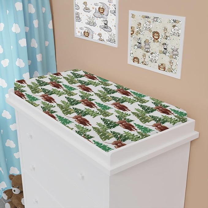 Highland Cows Forest Changing Pad Cover Cute Yak Winter Pine Trees Diaper Changing Table Cover Sheets for Boys Girls Soft Breathable Stretchy Fitted Changing Table Mats 32''x16''