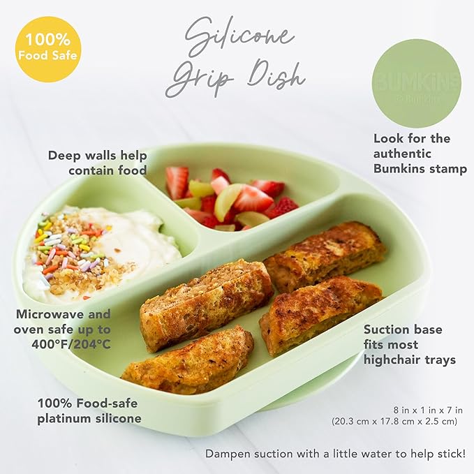 Bumkins Toddler and Baby Suction Plate, Silicone Divided Grip Dish for Babies and Kids, Baby Led Weaning, Children Feeding Supplies, Non Skid Bottom, Platinum Silicone, 6 Months Up, Gray and Sage