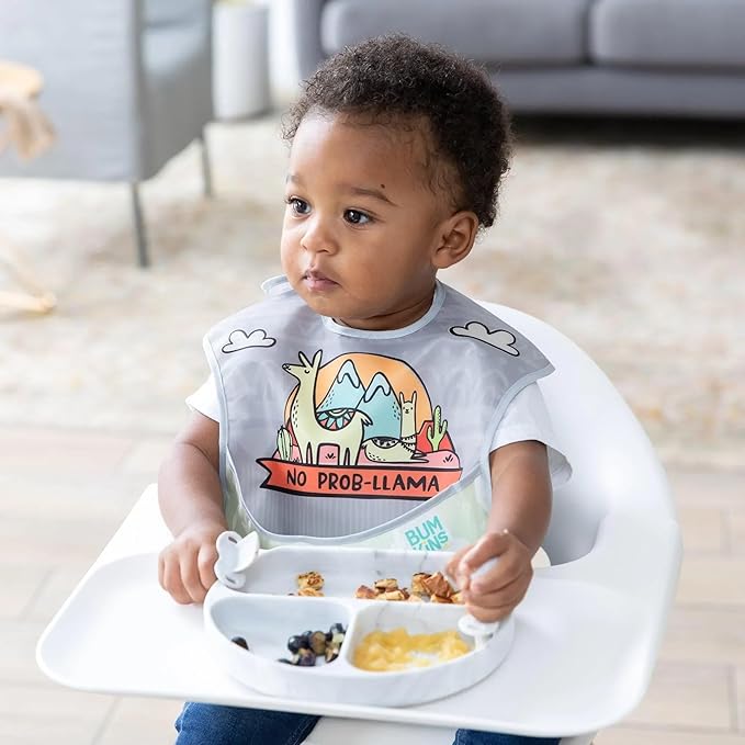 Bumkins Bibs for Girl or Boy, SuperBib Baby and Toddler for 6-24 Months, Essential Must Have for Eating, Feeding, Baby Led Weaning Supplies, Mess Saving Catch Food, 3-pk No Prob-Llama, Cactus, Llamas