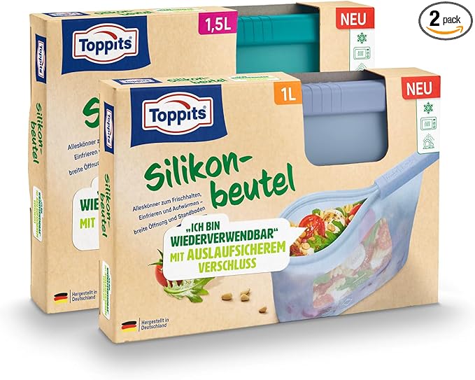 Toppits Set of 2 Reusable Silicone Bags 1 L + 1.5 L with Stand, Microwave-Safe, Dishwasher Safe