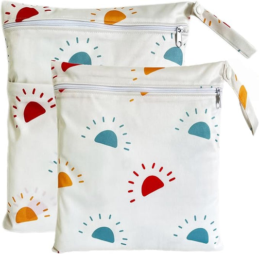 Wet Dry Bag for Cloth Diapers, 2PCS Waterproof Reusable Wet Bag with Zippered Pockets, Washable, Reusable for Travel, Beach, Pool, Stroller, Diapers, Dirty Gym Clothes, Swimsuits, 14x12In & 12x11In