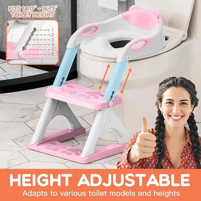 Potty Training Seat with Step Stool Ladder, Toddler Toilet Seat for Boys Girls, Adjustable 6 Heights Fits Round & Elongated Toilets, Anti-Slip Pads & Leak-Proof Guard