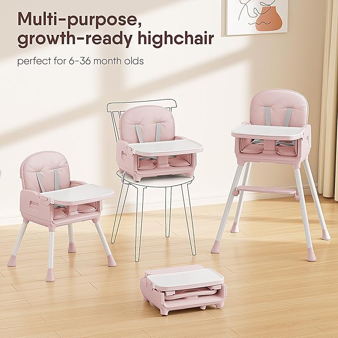 Obee Odee 3-in-1 Portable Baby High Chair for Babies and Toddlers, Convertible Easy Clean Infant Foldable Highchair with Adjustable Legs & Dishwasher Safe Tray, Pink