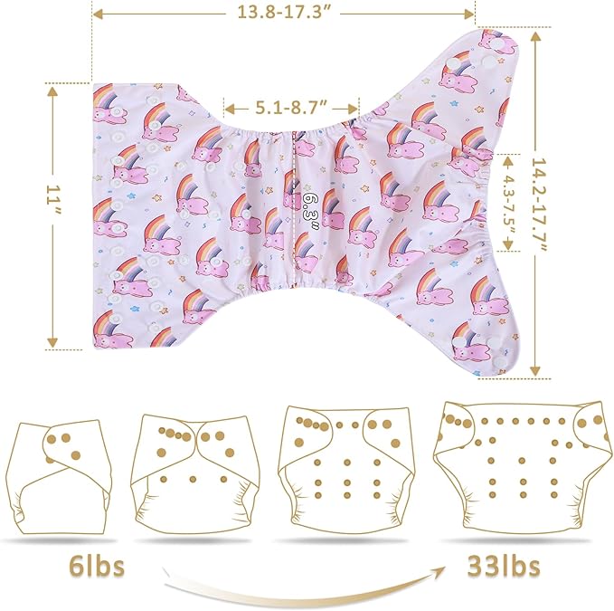 TDIAPERS Cloth Diapers Reusable Washable Pocket Diapers Cover One Size Adjustable for Baby Snaps Cloth Diapers Nappy 6 Pack with 6 Pcs Microfiber Inserts,1 Wet Bag
