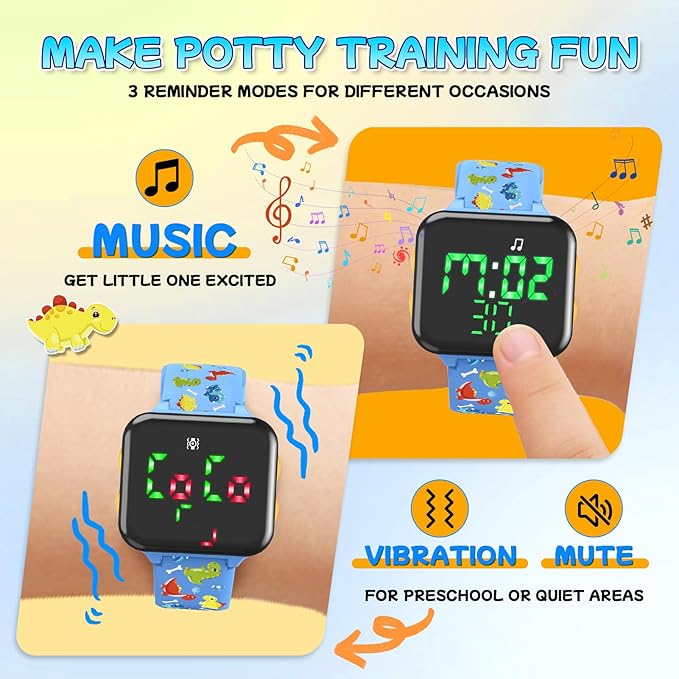Potty Training Watch & Chart & Book for Toddler Boys: Water Resistant Potty Watches Dinosaur Potty Training Sticker Reward Chart for Kids 3 in 1 Toddler Toilet Training Tools Set (Blue)