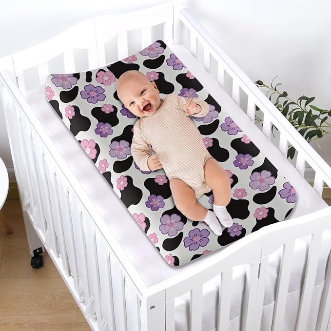 Cow Print Diaper Changing Pad Cover Flower Diaper Changing Pad Cover 32''*16'' Changing Table Cover Breathable Soft Changing Pad -Cover