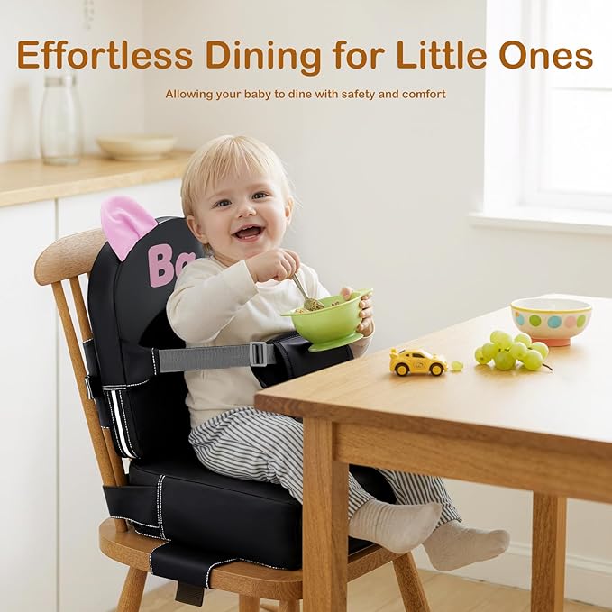 Booster Seat for Dining Table, Toddler Booster Seat for Dining Table, Kids Boys Girls Portable PU Waterproof Travel Baby Boosters Increasing Cushion with Backrest and Adjustable Strap (Black, Onesize)