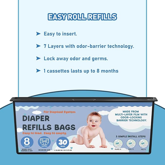 Diaper Pail Refills Bags with 30 Bags Compatible with Genie Easy Roll Signature Diaper Pails and Platinum Diaper Pails, Lasts Up to 8 Months, 7-Layer Odor-Barrier Technology, 2 Packs (60 Bags)