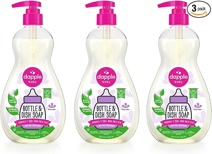 Dapple Baby Lavender Baby Bottle & Dish Soap - (3 Pack) 16.9 fl oz - Plant-Powered Dish Soap for Bottles, Pump Parts, and Sippy Cups - Includes 1 Pump