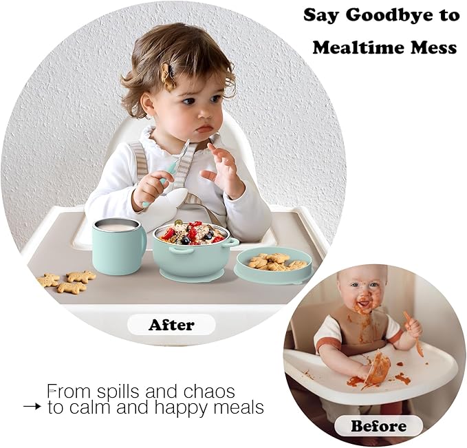 Bakpoco Kids Dinnerware Set - 6 Piese Toddler Plates and Suction Bowls Set with Kids Utensils&Cup, 2 IN 1 Stainless Steel & Silicone Baby Self Feeding Supplies, Sage