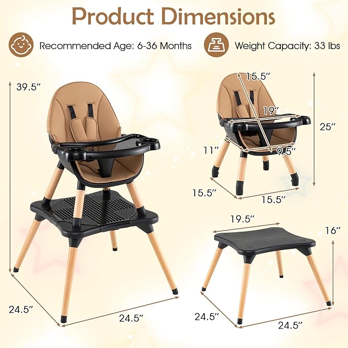 GLACER High Chair, 6-in-1 Convertible Wooden High Chairs for Babies and Toddlers w/Building Block Table, 5-Point Safety Harness, Removable Tray, PU Cushioned Baby High Chair for 6-36 Months (Coffee)