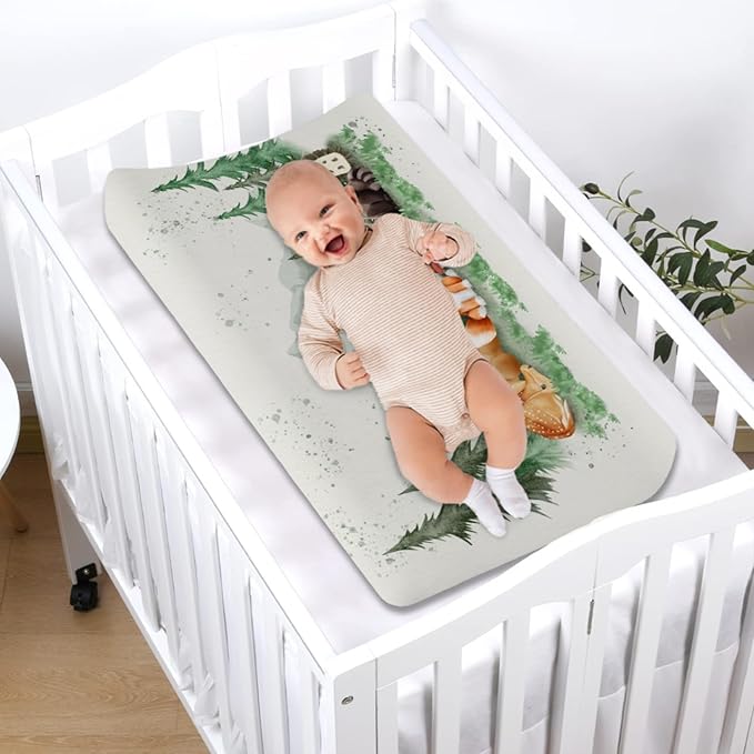 Cute Animals Mountain Trees Baby Changing Pad Covers Bear Raccoon Deer Rabbit Hedgehog Diaper Change Table Sheets for Boys Girls Soft Stretchy Baby Diaper Changing Table Mat Cover 32''x16''