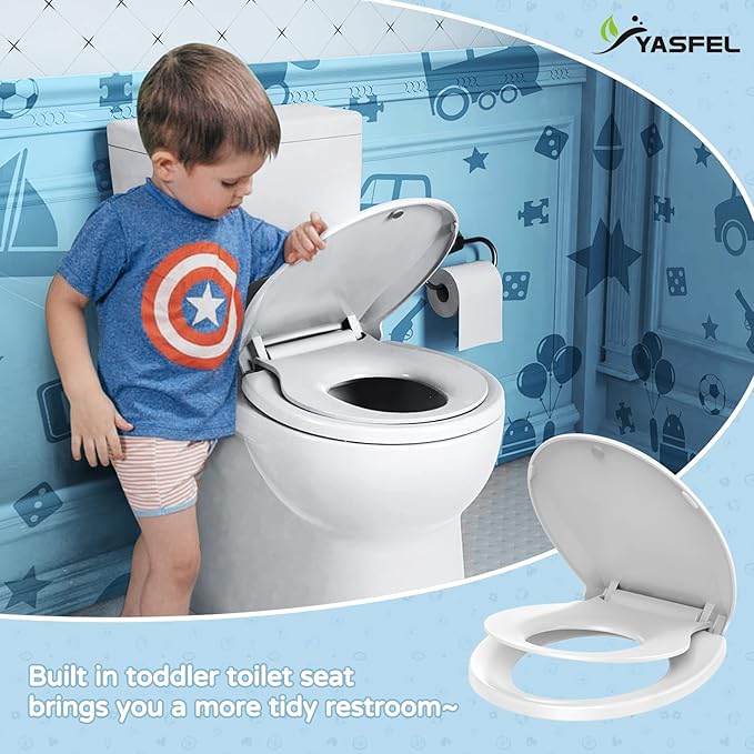 YASFEL Toddler Toilet Seat Built in, Potty Training Toilet Seat for Toddlers, Kids & Adults White Plastic Toilet Seats Standard Round Slow Close with Magnets(White, 16.5”)
