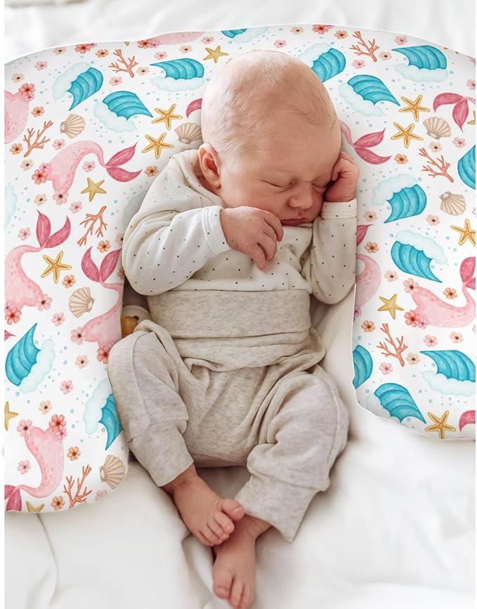 Mermaids Tails Baby Nursing Pillow Covers for Boy Girl Fairytale Fish Floral Waves Starfish Conch Nursery Pillowcase for Breastfeeding Pillows Boho Summer Beach Soft Stretchy Slipcovers for Newborn