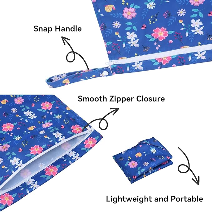 OTraki 3 Pack Waterproof Wet Dry Bag with Zippered & Handle Reusable Wet Clothes Bag Baby Cloth Diaper Wet Bags for Swimming Travel Beach Pool Gym,Drying Do Not Exceed 176℉ (Flower Pattern)