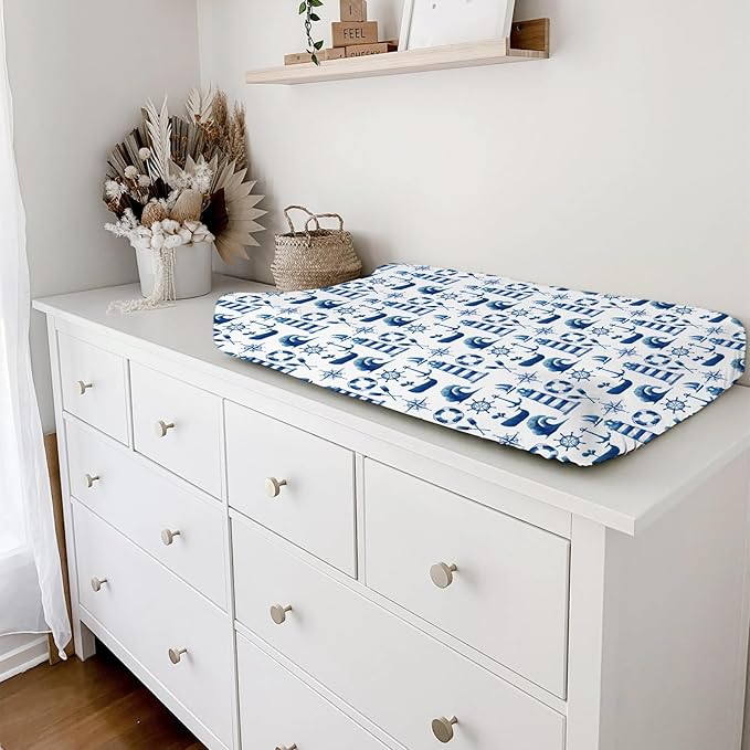 Navy Nautical Life Changing Pad Cover Marine Ocean Lighthouse Compass Whale Changing Table Cover for Baby Boys Girls Soft Breathable Stretchy Fitted Diaper Changing Mat Sheets 32''x16''