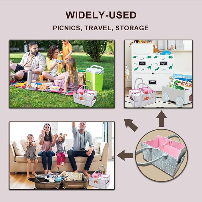 Baby Diaper Caddy is a versatile baby basket designed for nursery storage, car organization, and as a thoughtful gift for baby showers. It is perfect for storing diapers and baby wipes.