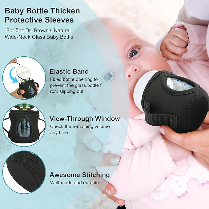 Beautyflier Glass Baby Bottle Sleeve Covers for Dr. Brown's Natural Flow Anti-Colic Wide-Neck Glass Baby Bottles, 3.3mm Thicken Heat and Cold Retention Baby Bottle Sleeve (Black, 2pcs, 5oz/150 mL)